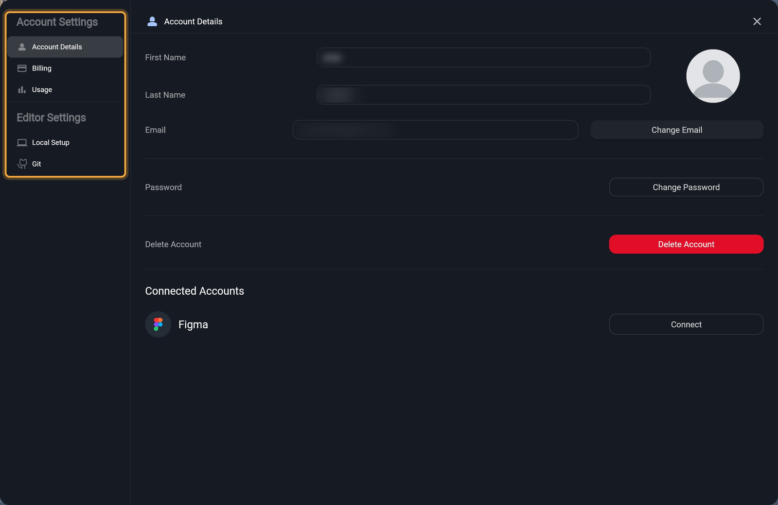 The account settings window opened with Settings in the dashboard sidebar. The list on the left (highlighted) has the Account Settings group (Account Details, Billing, Usage) and the Editor Settings group (Local Setup, Git). Account Details shows First Name, Last Name, Email with the Change Email button, Password with Change Password, the red Delete Account button, and Connected Accounts with Figma and Connect. The last name and the email are blurred.