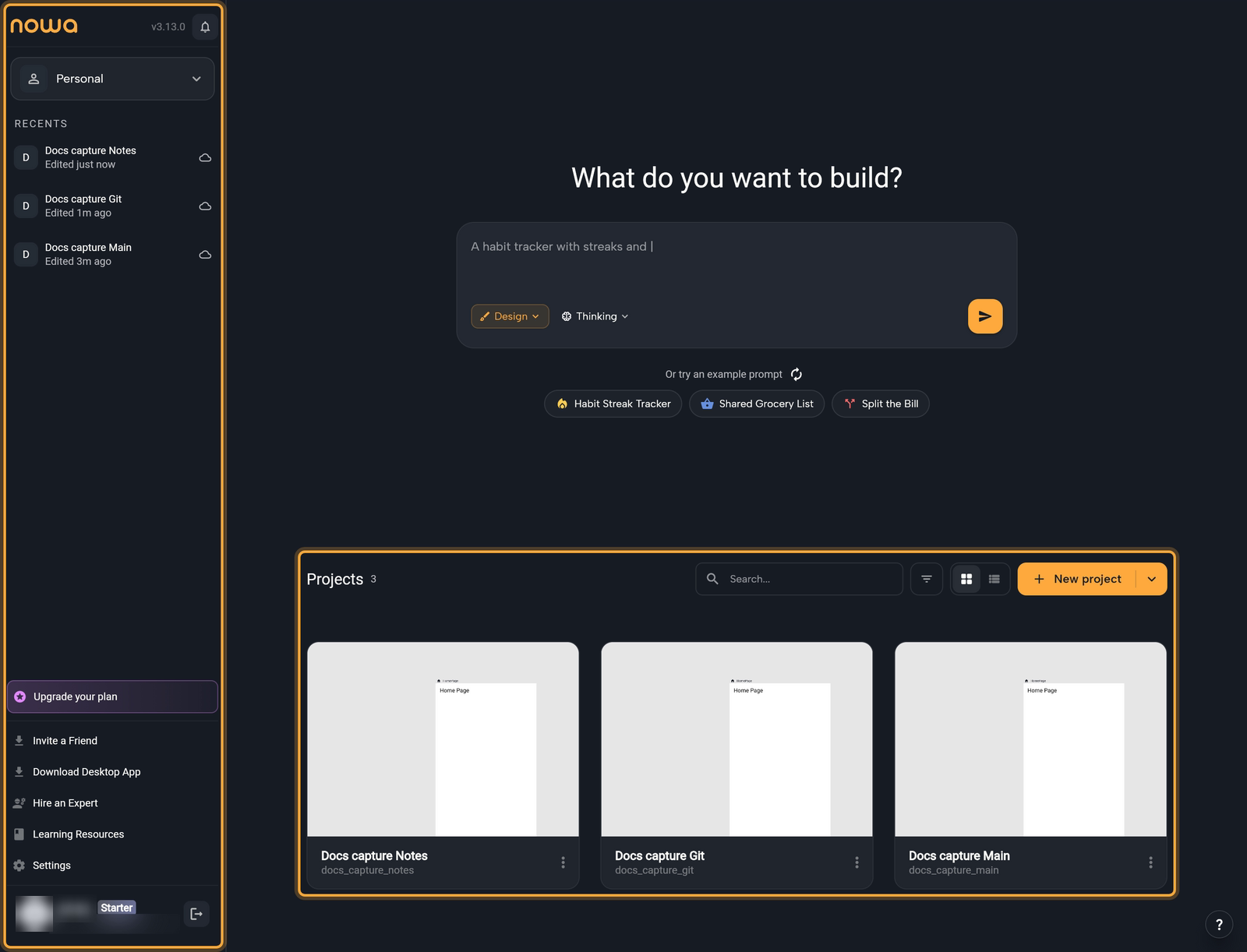 The Nowa dashboard after sign-in: the sidebar (highlighted) with the Personal workspace switcher, RECENTS, Upgrade your plan, Invite a Friend, Download Desktop App, Hire an Expert, Learning Resources, Settings and the account name with its plan badge (email blurred). The main area has the What do you want to build? prompt box with the Design and Thinking chips and example prompts, and the Projects header (highlighted) with Search, the sort button, the grid and list switch, New project and three project cards. The ? support button is at the bottom right.
