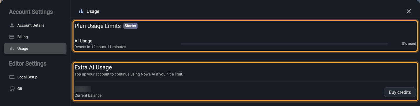 The Usage page of the account settings window. Plan Usage Limits (highlighted) shows the Starter plan badge and an AI Usage row with its reset time, a progress bar and 0% used. Extra AI Usage (highlighted) shows its description, the Current balance (blurred) and the Buy credits button.