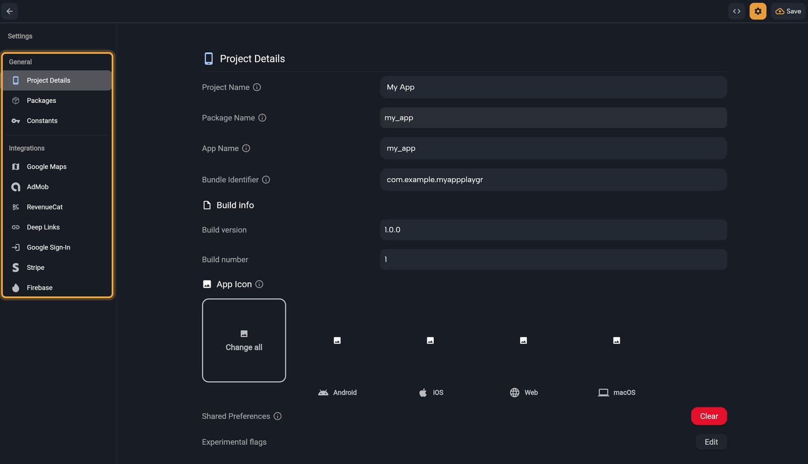 App Settings opened with the gear in the top bar, on Project Details. The Settings list on the left is highlighted: the General group (Project Details, Packages, Constants) and the Integrations group (Google Maps, AdMob, RevenueCat, Deep Links, Google Sign-In, Stripe, Firebase). On the right are Project Name, Package Name, App Name, Bundle Identifier, Build info (Build version, Build number), App Icon with Change all and the Android, iOS, Web and macOS tiles, then Shared Preferences and Experimental flags.