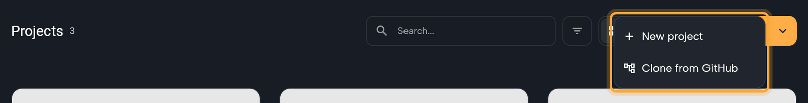 The Projects header on the dashboard (the title with the count 3, the Search box, the sort button and the grid and list switch) with the arrow menu of New project open and highlighted: New project and Clone from GitHub. The menu sits over the New project button and part of the view switch.