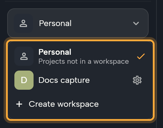 The workspace switcher at the top of the dashboard sidebar with its menu open and highlighted: Personal (Projects not in a workspace, checked), a workspace named Docs capture with its gear icon, and Create workspace.