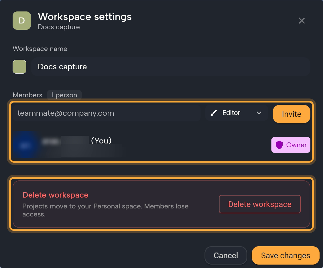 The Workspace settings dialog of a workspace you own: the Workspace name field with its color swatch; Members (1 person) with the invite row (the teammate@company.com hint, the Editor role menu and Invite) and the member list showing you as Owner (last name and email blurred), highlighted; and the red Delete workspace box (highlighted) above Cancel and Save changes. No invitation is pending in this example.
