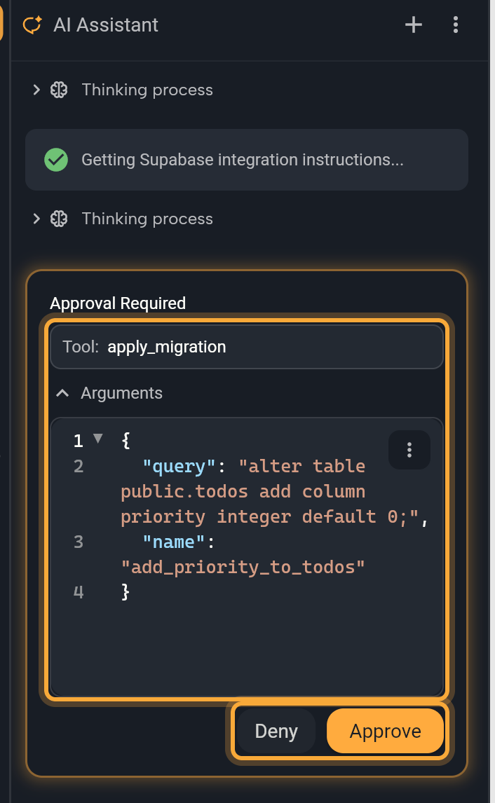 The AI Assistant panel with an Approval Required card for the Supabase connector: Tool apply_migration and the open Arguments, a JSON object with a query that adds a priority column to the todos table and the name add_priority_to_todos (both highlighted), and the Deny and Approve buttons (highlighted). Above the card, the Thinking process rows and "Getting Supabase integration instructions...".