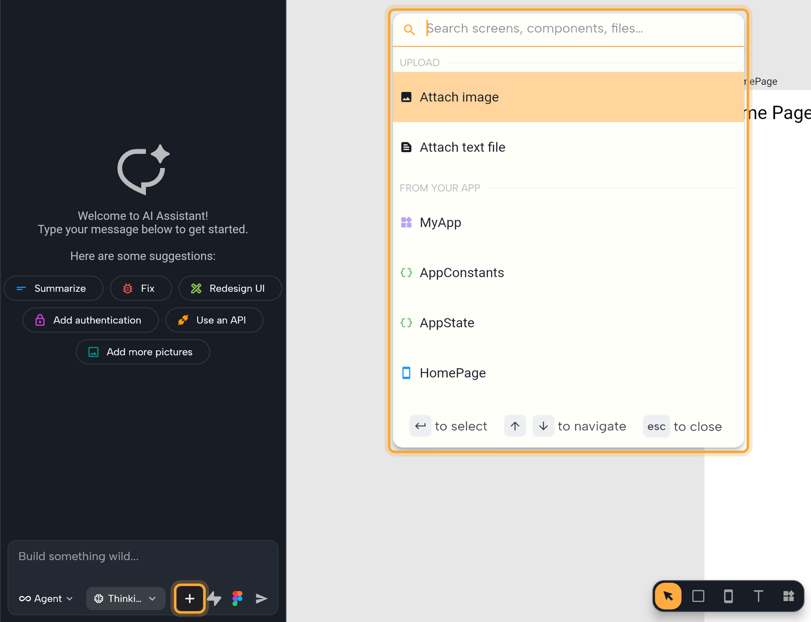 The Add context palette (highlighted) opened from the plus button (highlighted) in the chat field: a search box, the UPLOAD section (Attach image, Attach text file) and the FROM YOUR APP list (MyApp, AppConstants, AppState, HomePage).