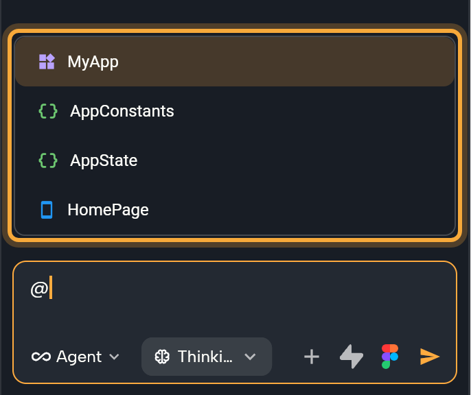 The mention suggestion list (MyApp, AppConstants, AppState, HomePage), highlighted, open above the chat field after typing an at sign.