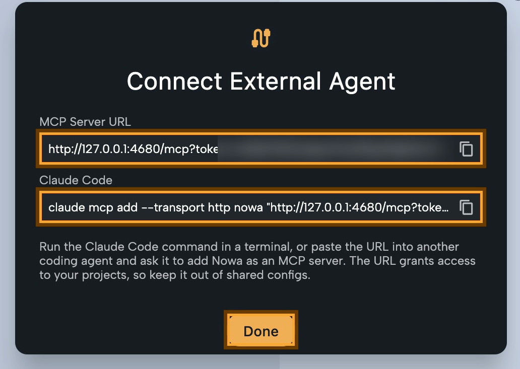 The Connect External Agent dialog in the desktop app: the MCP Server URL field with its token blurred and the Claude Code field, each with a copy button (both highlighted), the help text about running the command or pasting the URL into another coding agent, and the highlighted Done button.