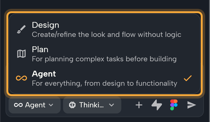 The mode menu (highlighted) open above the chat field, listing Design, Plan and Agent with a one-line description each; Agent is checked.