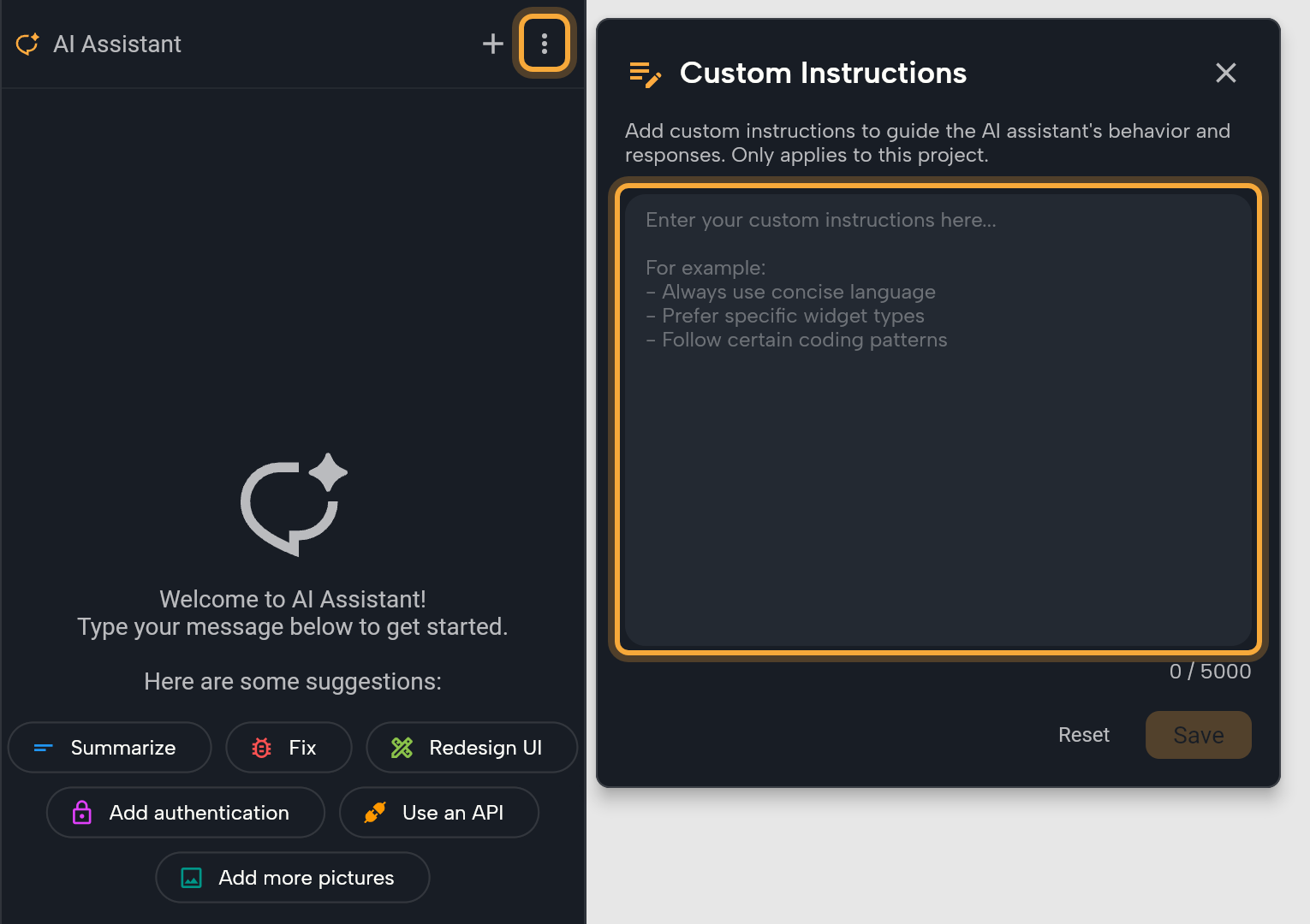 The Custom Instructions popup opened from the three-dot menu (highlighted) of the AI Assistant panel: a short description, an empty text box (highlighted) with an example hint, the 0 / 5000 counter, and the Reset and Save buttons.