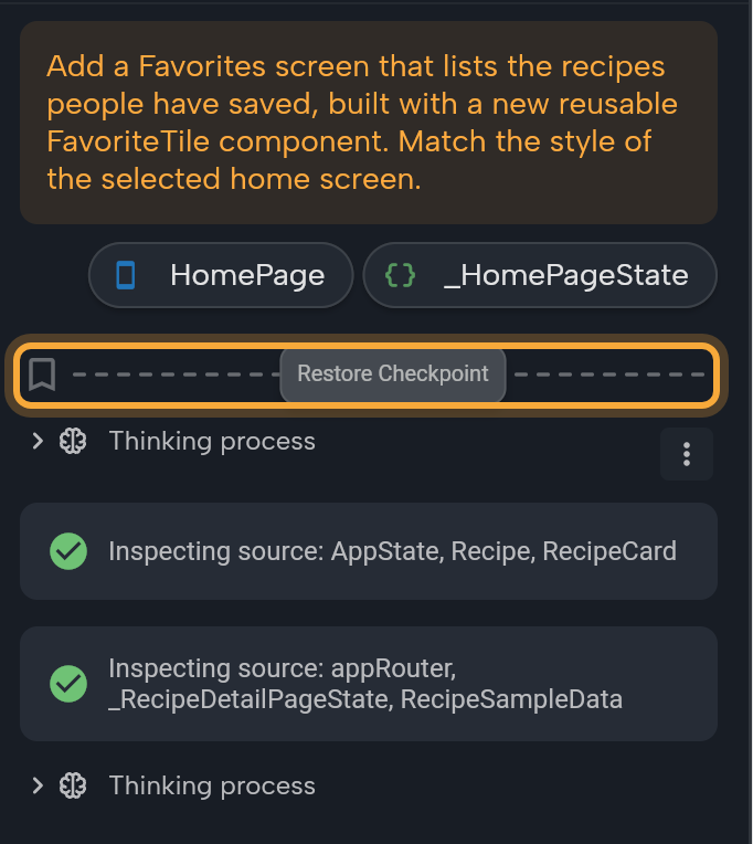 The top of an Agent conversation in the AI Assistant panel: the user message with its HomePage and _HomePageState chips, then the checkpoint line (highlighted) with the bookmark icon, the dotted line and the Restore Checkpoint button that appears when you point at the line, above the collapsed Thinking process and the first step rows.
