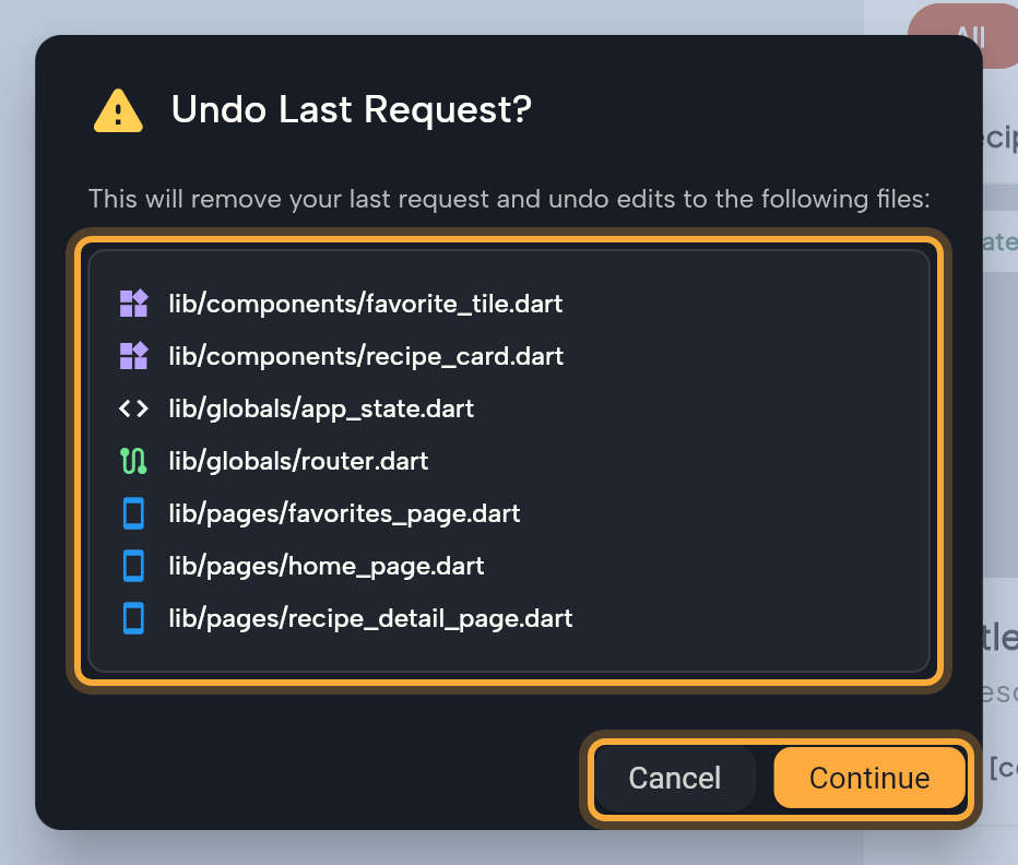 The Undo Last Request? dialog opened with Restore Checkpoint: the line "This will remove your last request and undo edits to the following files:", the list of the seven files that request changed (highlighted), and the Cancel and Continue buttons (highlighted).