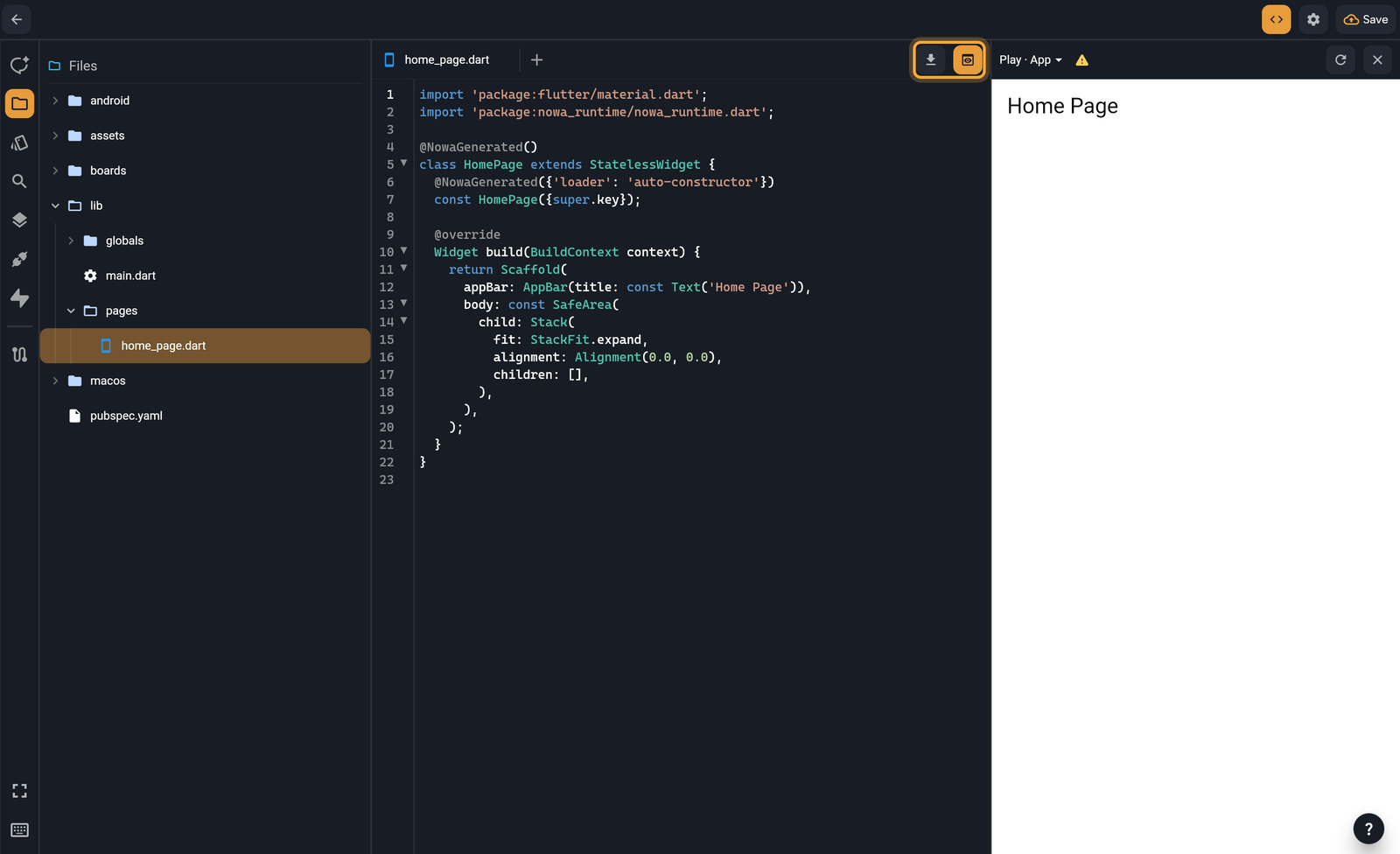 Code mode: the Files tree on the left (android, assets, boards, lib with globals, main.dart and pages, macos and pubspec.yaml) with home_page.dart selected, home_page.dart open in a tab with its Dart code, the download and Show preview buttons (highlighted) at the right end of the tab bar, and the preview pane (Play · App) beside the code showing the Home Page.