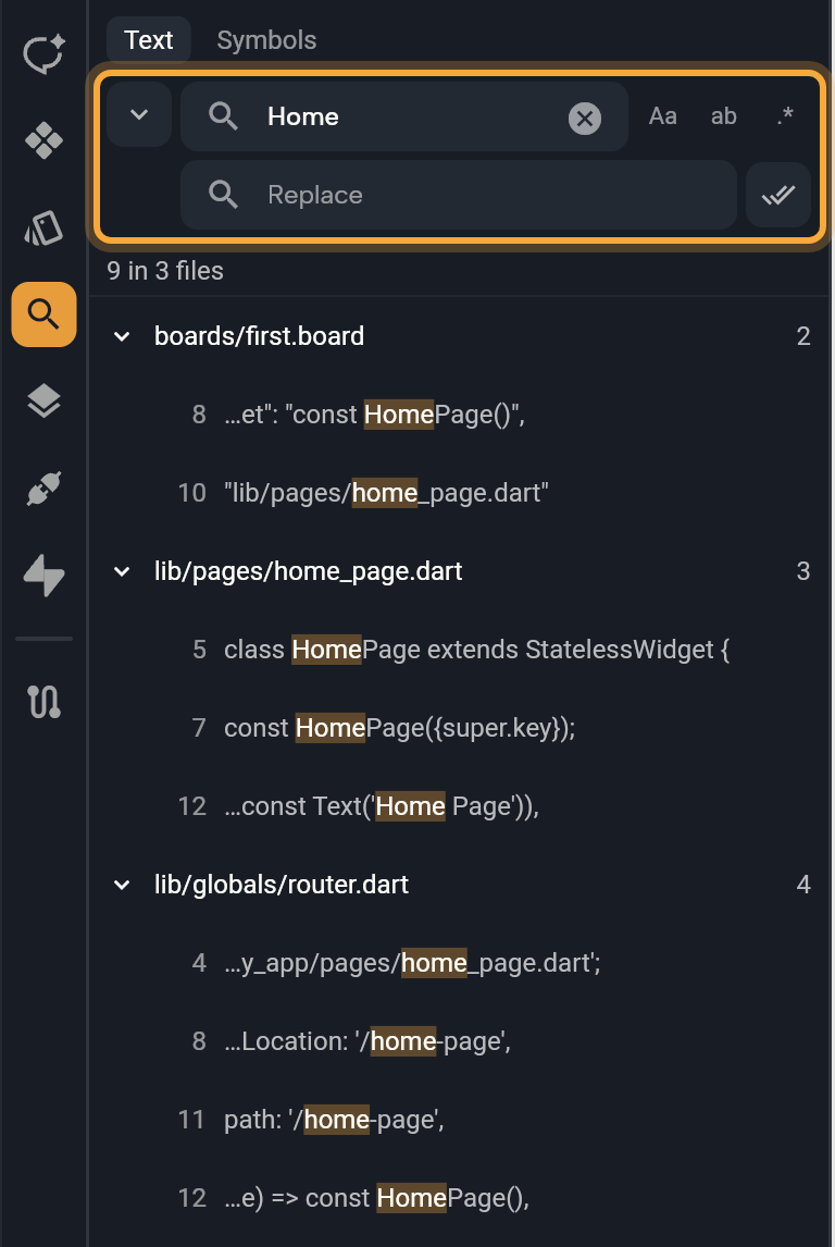 The Search panel on Text with Home typed in Search: the Search field with its Aa, ab and .* buttons and the Replace field with the Replace all button are highlighted. Below, the status 9 in 3 files and the matches grouped by file (boards/first.board, lib/pages/home_page.dart and lib/globals/router.dart), each file with its match count.