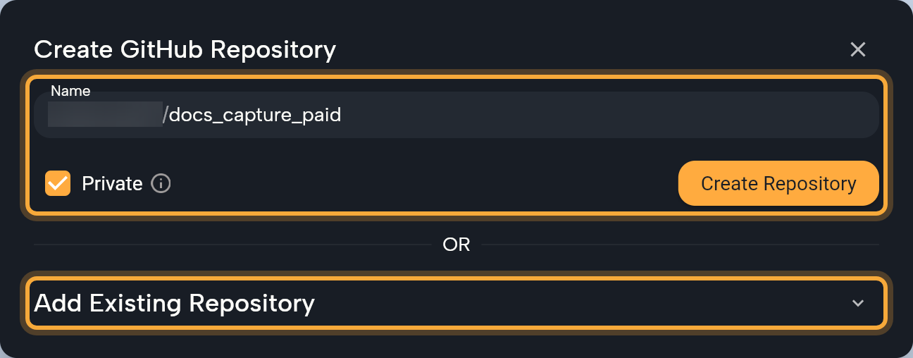 The Manage Remotes dialog of a project without a remote: Create GitHub Repository with the Name field (the GitHub username, blurred, then /docs_capture_paid), Private ticked and the Create Repository button (highlighted), then the OR divider and the collapsed Add Existing Repository row (highlighted).