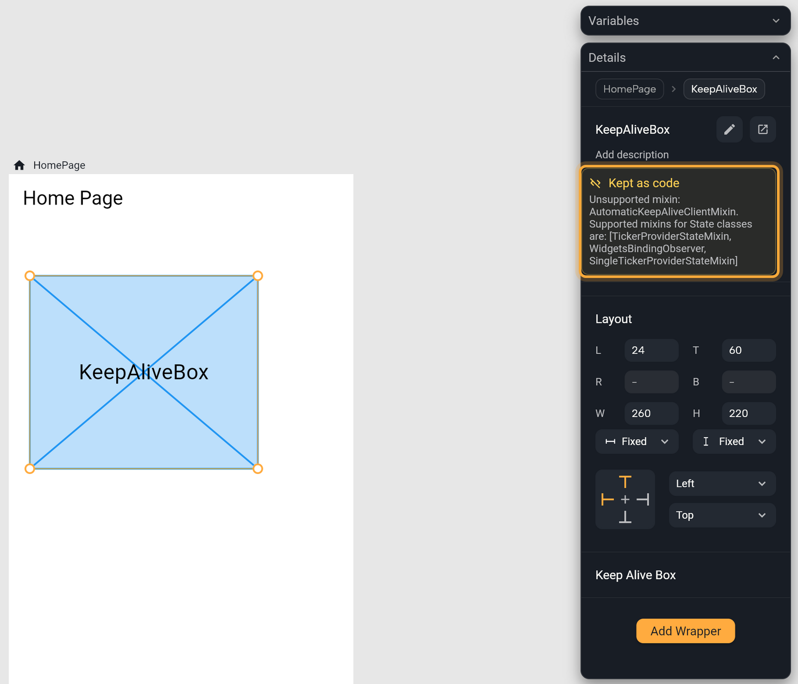 A custom KeepAliveBox widget placed on the home screen is drawn as a light blue placeholder with a blue crossed box and the widget's name in large letters, selected on the board. In Details, the Kept as code box (highlighted) gives the reason: Unsupported mixin AutomaticKeepAliveClientMixin, and lists the supported mixins for State classes.
