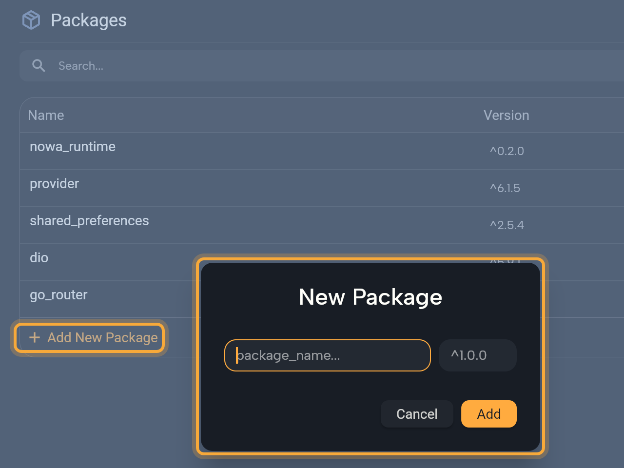 The Packages page in Settings behind a dimmed overlay: the Search box and the Name and Version table (nowa_runtime, provider, shared_preferences, dio, go_router), with the Add New Package link highlighted. The empty New Package dialog (highlighted) shows the package_name field, the version field, and the Cancel and Add buttons.