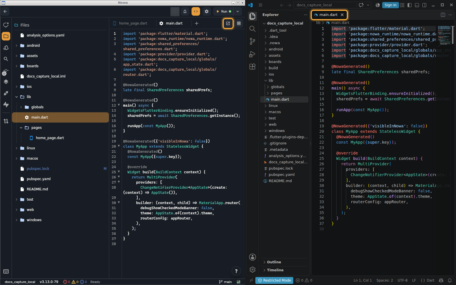 Nowa and VS Code side by side: on the left Nowa in code mode with lib/main.dart open and the Open in VS Code icon (highlighted) at the right end of the tab bar next to the preview toggle, on the right VS Code showing the same project folder with main.dart open (its tab highlighted).