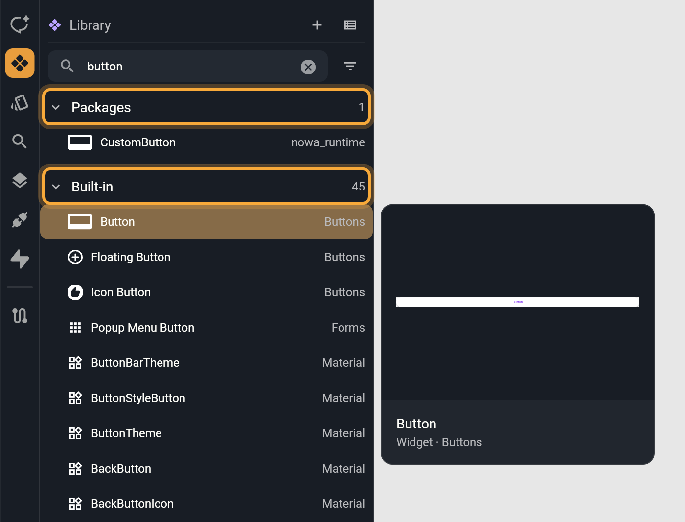 The Library opened with Ctrl/Cmd+K and button typed in the search field: the results are grouped by source with a count at the end of each heading (Packages 1 and Built-in 45, both highlighted), the Button row is highlighted after pressing the down arrow, and a details card with a preview, the name and Widget · Buttons sits beside the panel.