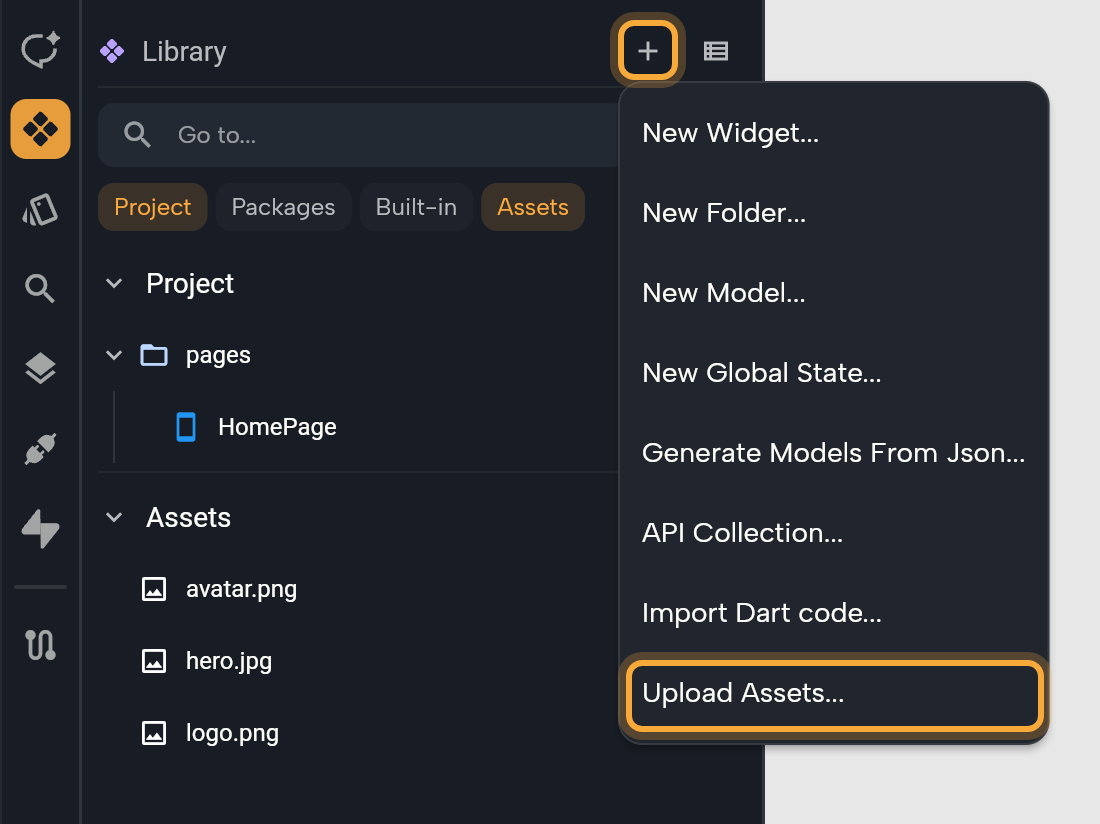 The Library with the Project and Assets chips on and its Add menu open from the + button in the header (highlighted): New Widget..., New Folder..., New Model..., New Global State..., Generate Models From Json..., API Collection..., Import Dart code... and Upload Assets... (highlighted). Under the chips, the Project group lists the pages folder with HomePage and the Assets group lists avatar.png, hero.jpg and logo.png.