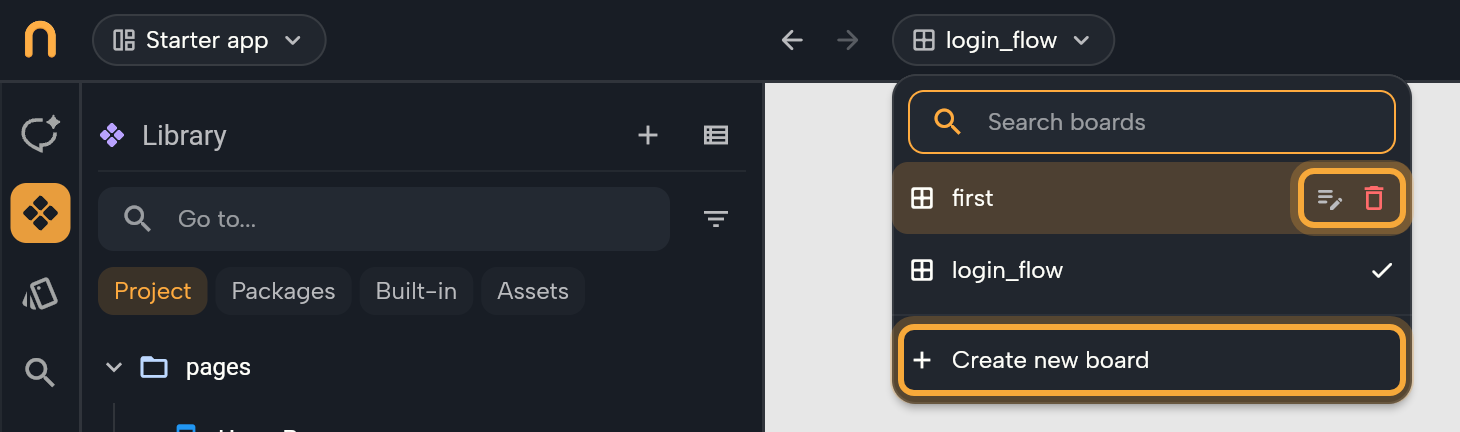 The Boards list open from the login_flow chip, which sits after the Back and Forward arrows: the Search boards field at the top, two boards (first, hovered, with its Rename and Delete buttons highlighted, and login_flow, the current board, marked with a check) and Create new board at the bottom, highlighted too.