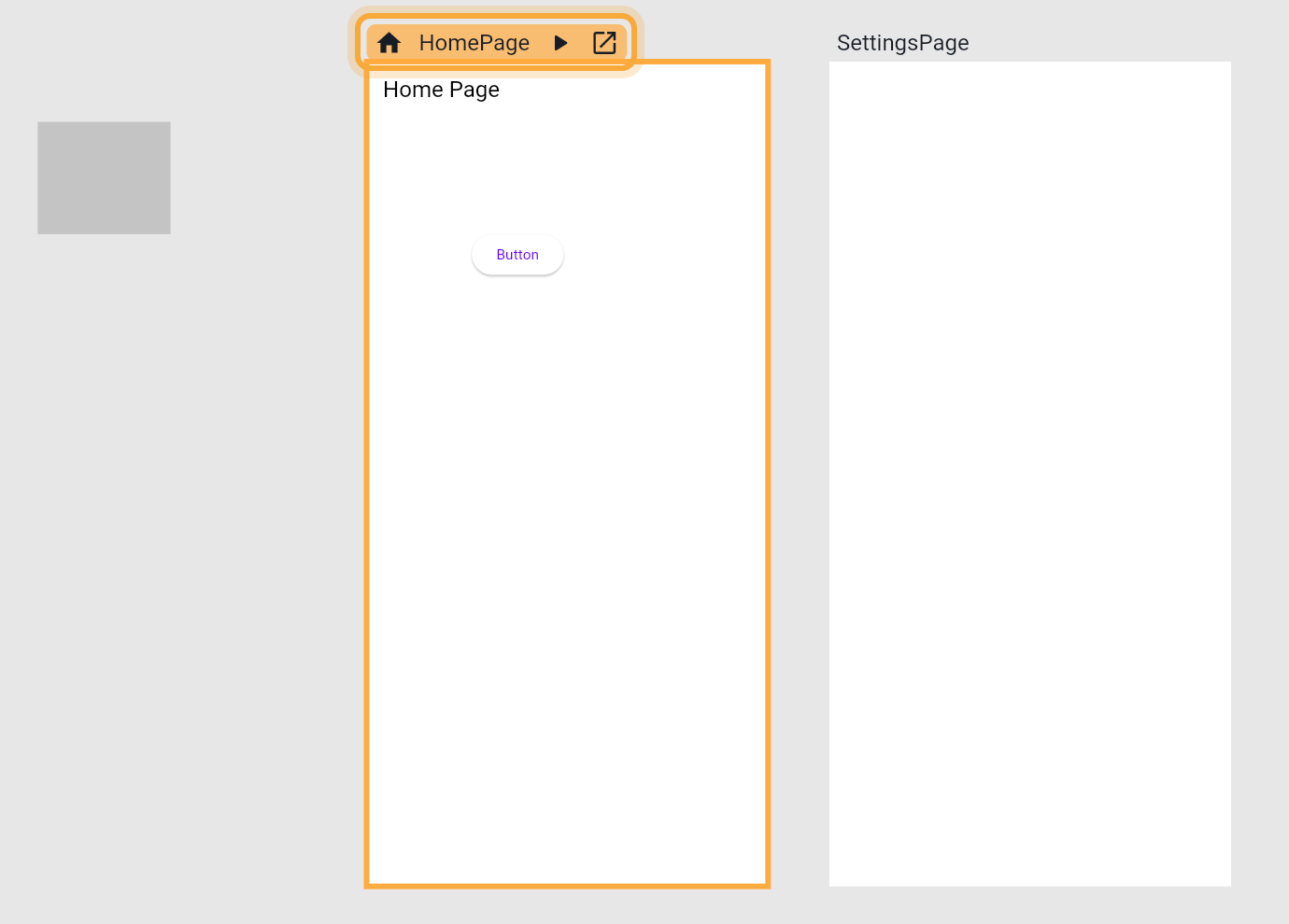 The board with a loose gray shape and two screens, HomePage (with a Button) and SettingsPage. The HomePage title bar is highlighted: it shows the home icon, the Play button and the Open in new tab button.