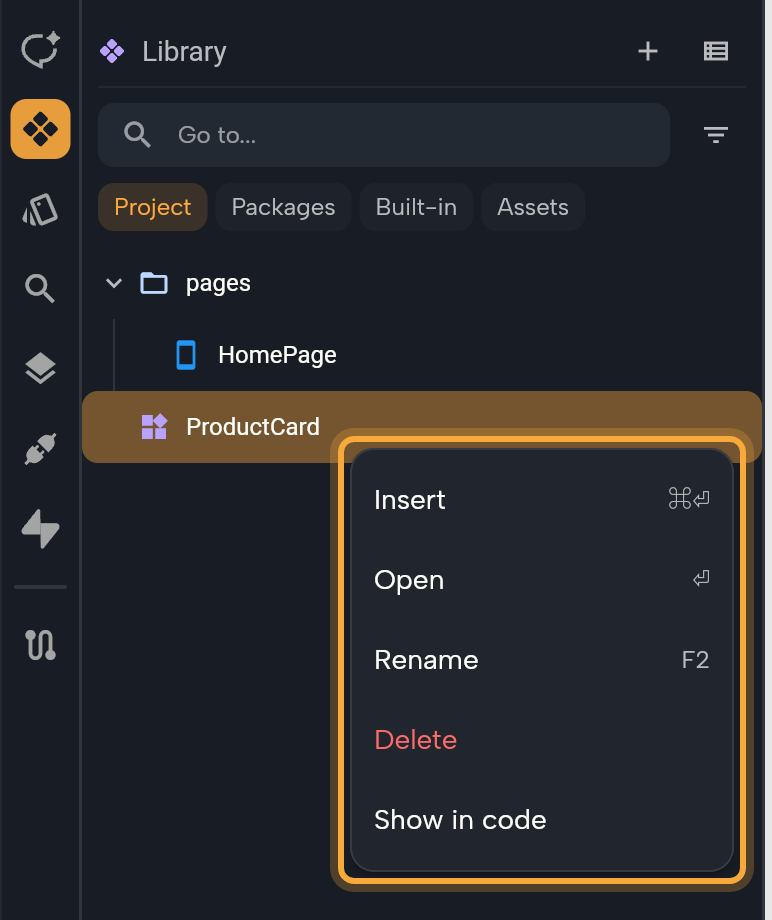 The Library with the project rows (the pages folder with HomePage, and the selected ProductCard component) and the right-click menu of the ProductCard row (highlighted): Insert, Open, Rename, Delete and Show in code, with the keys beside the first three.