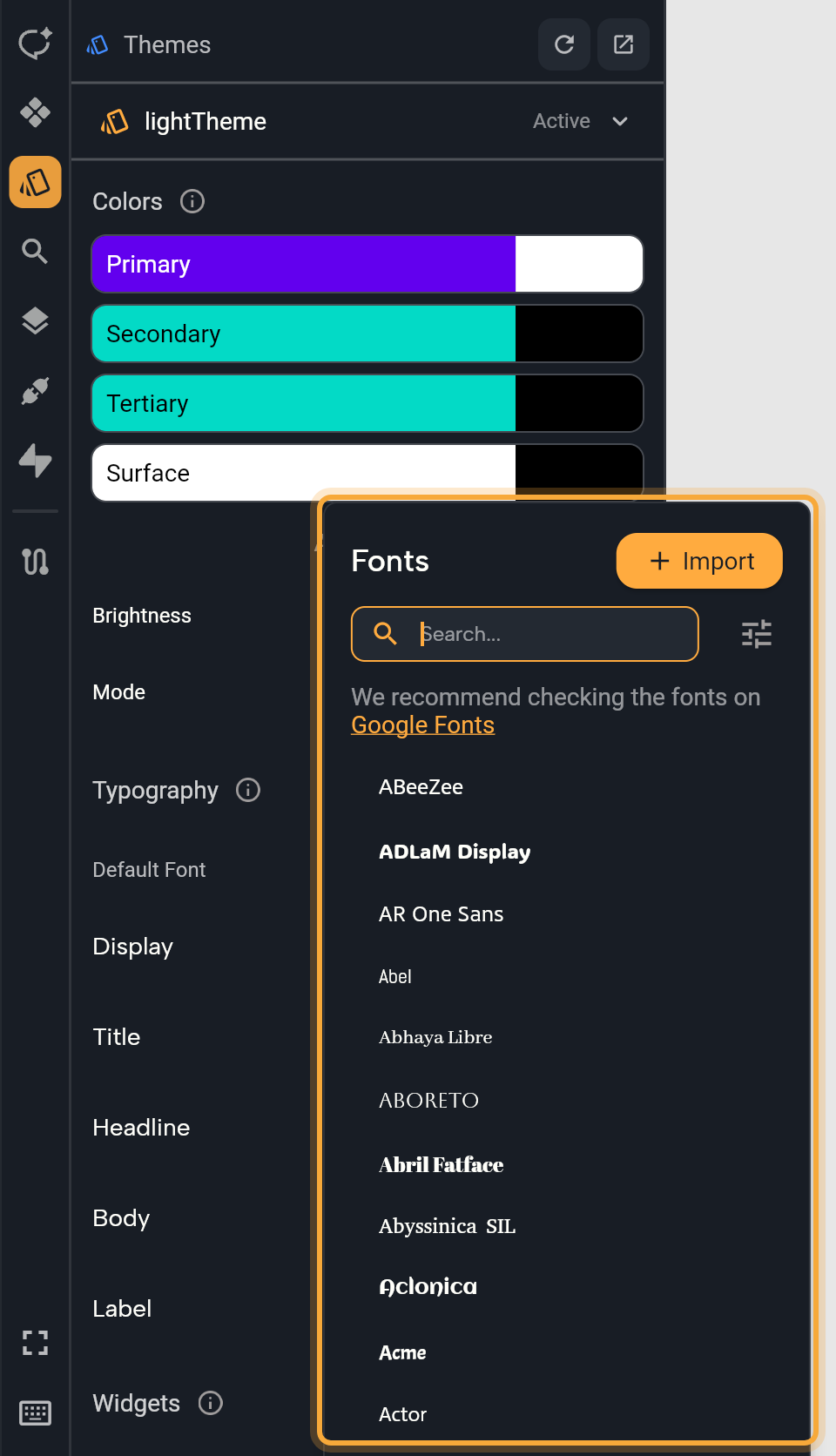 The Themes panel with the Fonts popup opened from Default Font (the popup is highlighted): the Fonts title with the Import button, the Search box with the filter button next to it, the note We recommend checking the fonts on Google Fonts, and the list of fonts (ABeeZee, ADLaM Display, AR One Sans and more) each shown in its own typeface.