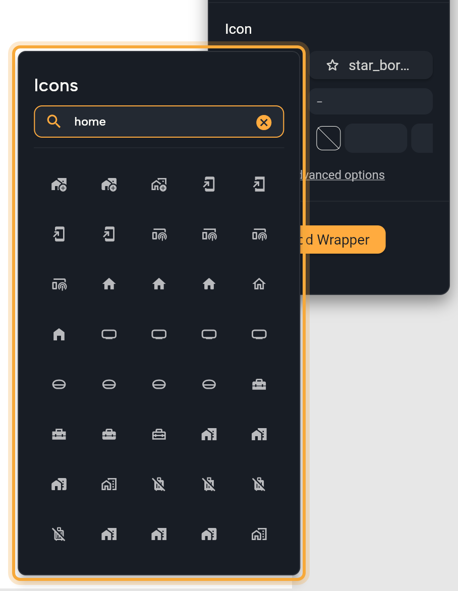 The Icons popup opened from the icon field of a selected Icon widget (highlighted): the Icons title, the search box with home typed in it and a grid of matching Material icons. To its right, the Icon section of Details still shows the current icon, star_bor... (star_border).