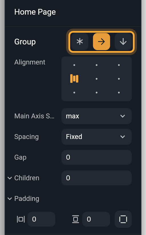 The Group section of Details for the home screen after switching to a Row: the three layout buttons (Stack, Row, Column) are highlighted with the Row arrow on, and below them the Alignment grid, Main Axis Size (max), Spacing (Fixed), Gap, Children and Padding.
