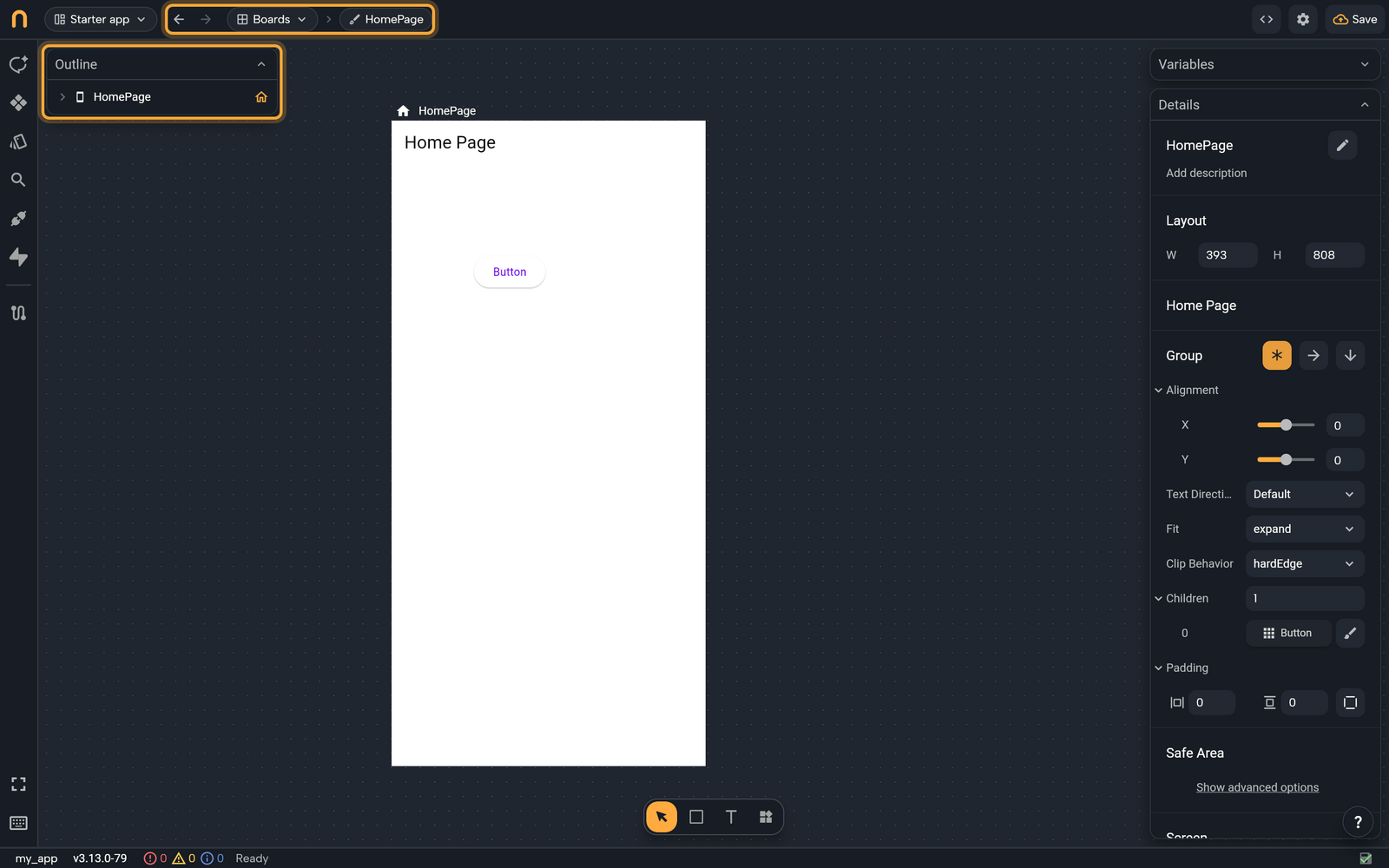 The home screen opened on its own: the floating Outline box at the top left (highlighted, open, with the HomePage row), Variables and Details at the top right, and in the top bar the Back and Forward arrows, the Boards chip (showing Boards, not dimmed) and the HomePage chip, highlighted together.