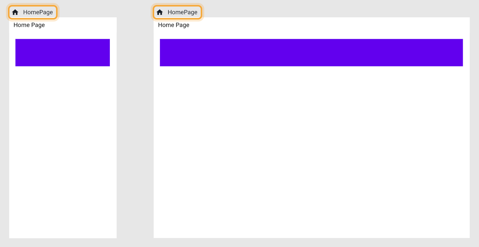 The home screen twice on the board, at phone size (393 × 808) on the left and at MacBook Pro size (1155 × 807) on the right, both titled HomePage (the two title bars are highlighted). A purple Container pinned left and right stretches across each width.