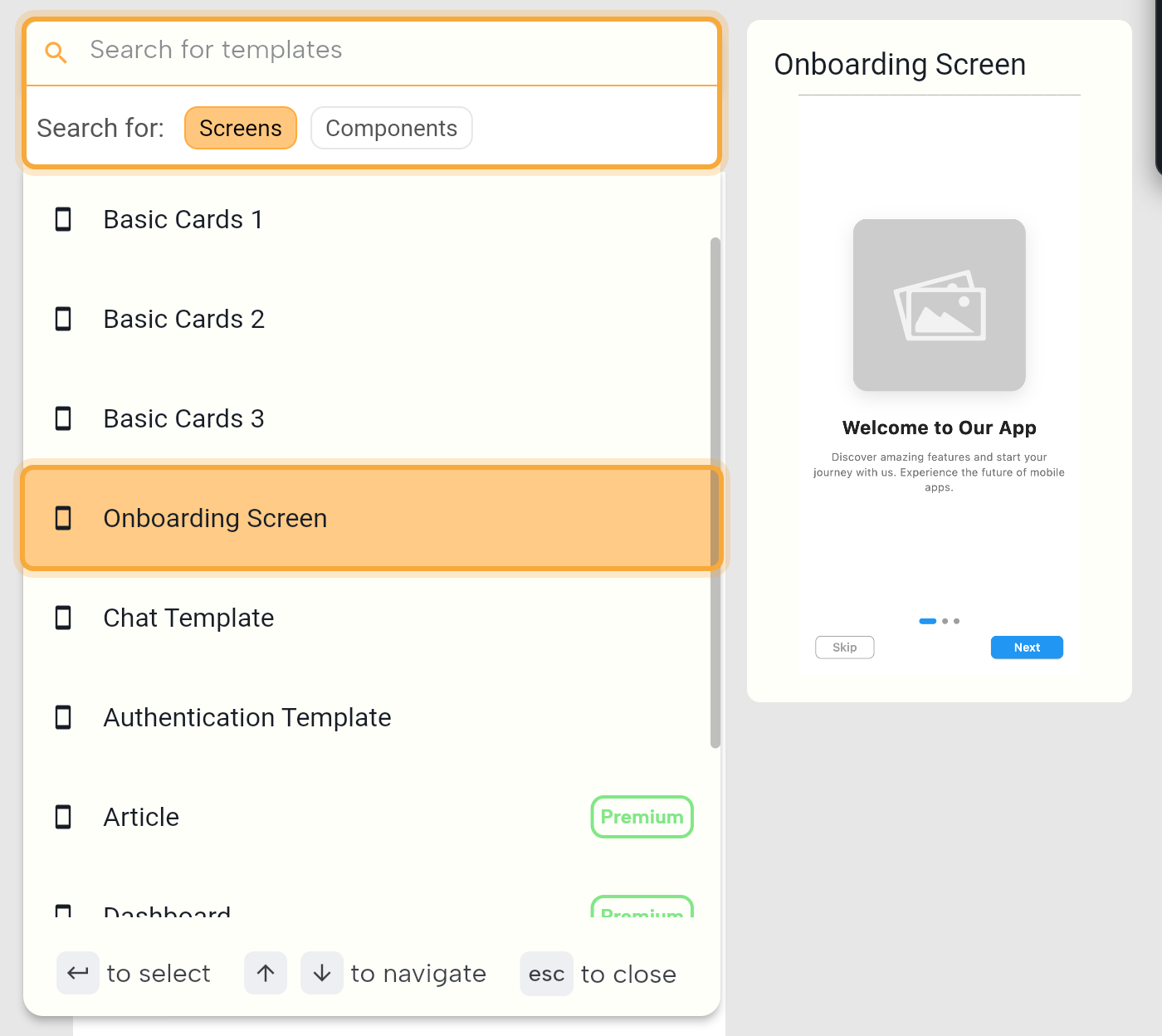 The template picker for new screens with Onboarding Screen highlighted: the Search for templates box and the Screens and Components chips (highlighted together), the template list with Premium badges on Article and Dashboard, and the preview pane showing the Onboarding Screen template.