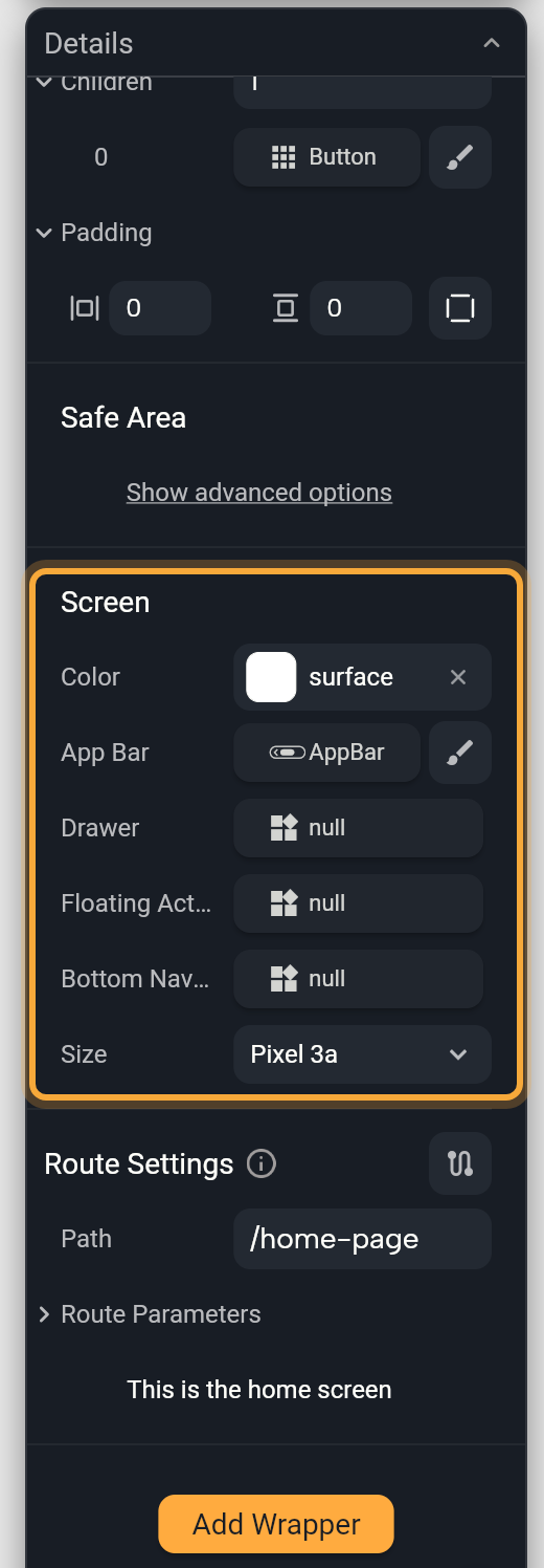 Details for the selected home screen, scrolled down. The Screen section is highlighted (Color, App Bar, Drawer, Floating Action Button, Bottom Navigation Bar, Size). Below it are Route Settings with the Path field and the line This is the home screen.