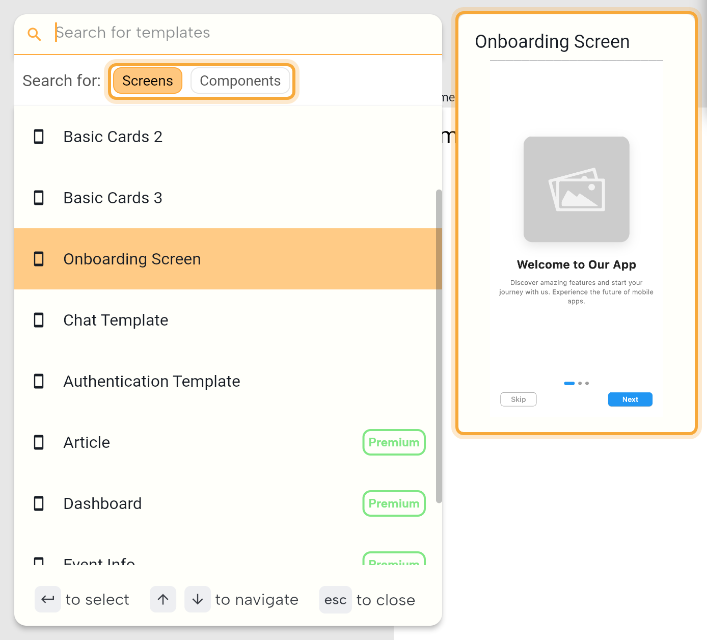 The screen template picker opened from the Screen tool: a Search for templates box, the Screens and Components chips (highlighted), the template list scrolled a little (Onboarding Screen highlighted, Premium badges on Article and Dashboard, then the start of Event Info) and the preview pane (highlighted) showing the Onboarding Screen template with a placeholder image, Welcome to Our App and Skip and Next buttons.