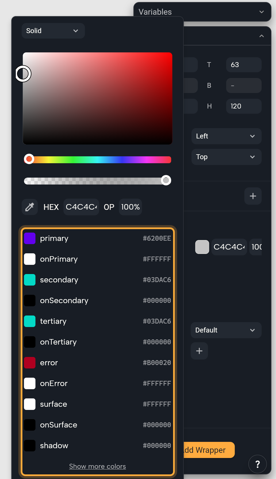The color picker opened from the Color swatch of a selected Container: the Solid dropdown, the color field with hue and opacity sliders, and the HEX and OP fields. Below them the theme color list is highlighted: primary, onPrimary, secondary, onSecondary, tertiary, onTertiary, error, onError, surface, onSurface and shadow with their hex values, then the Show more colors link. The Details panel is partly visible behind the popup.