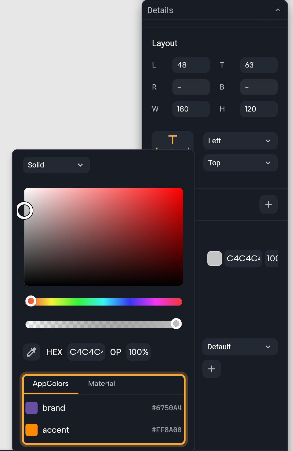 The color picker opened from the Color swatch of a selected Container, beside the Details panel. Below the Solid dropdown, the color field with hue and opacity sliders and the HEX and OP fields, the theme color list is headed by two tabs, AppColors (open) and Material. The AppColors tab lists brand (#6750A4) and accent (#FF8A00); the tabs and list are highlighted.