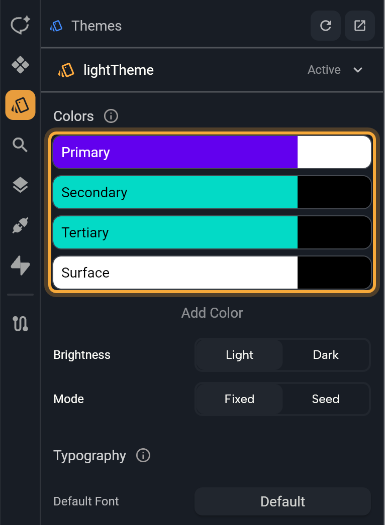 The Themes panel with lightTheme active (the Active label and a menu arrow): the header with the Refresh and Open in New Tab buttons, the Colors tiles (Primary, Secondary, Tertiary and Surface, highlighted), Add Color, the Brightness (Light, Dark) and Mode (Fixed, Seed) switches, and the start of Typography with the Default Font button.