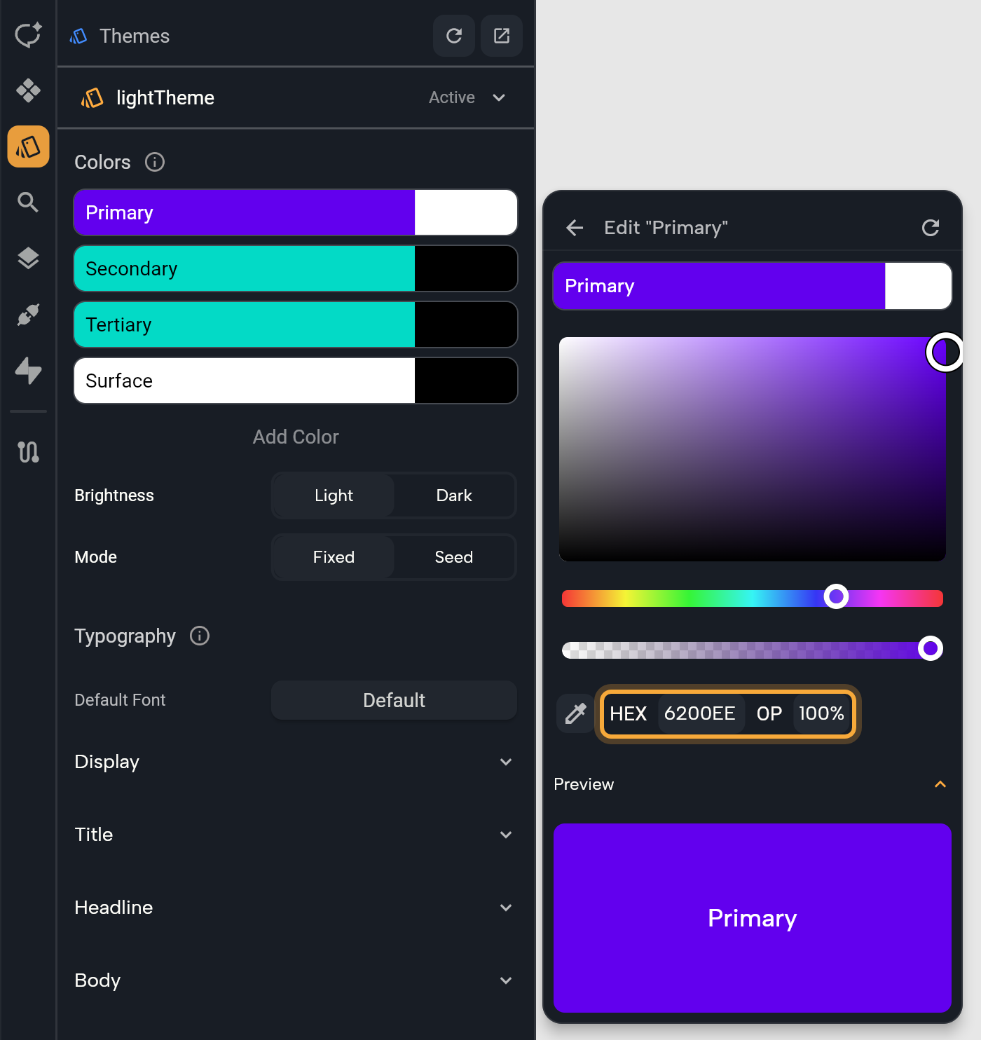 The Themes panel next to the Edit Primary popup: its header with a back arrow and a reset icon, the Primary role tile with its on-color, the color picker with hue and opacity sliders, the HEX (6200EE) and OP (100%) fields (highlighted) and the Preview swatch.
