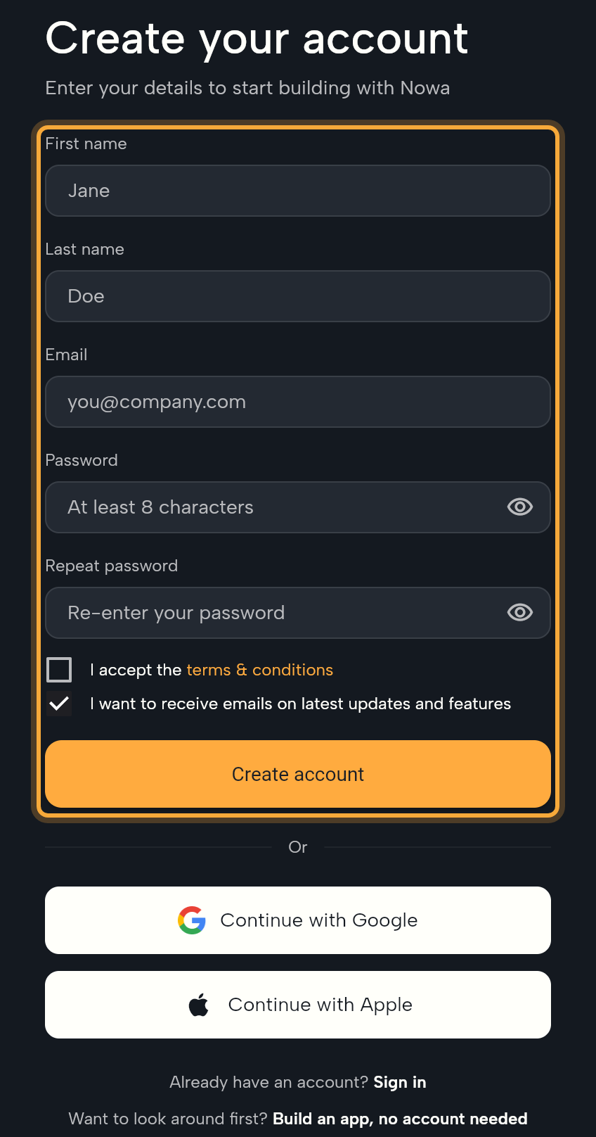 The Create your account sign-up form, empty. The highlighted block holds First name, Last name, Email, Password and Repeat password with their hint texts, the I accept the terms and conditions box, the ticked I want to receive emails box, and the Create account button. Below are Or, the Continue with Google and Continue with Apple buttons, and the Sign in and Build an app, no account needed links.