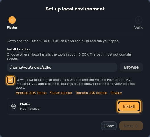 The Set up local environment dialog on its Flutter step in the desktop app: the Install location field with Browse, the ticked license checkbox (highlighted) with its Android SDK Terms, Flutter license, Temurin JDK license and Privacy links, and the Flutter row marked Not installed with the Install button (highlighted).