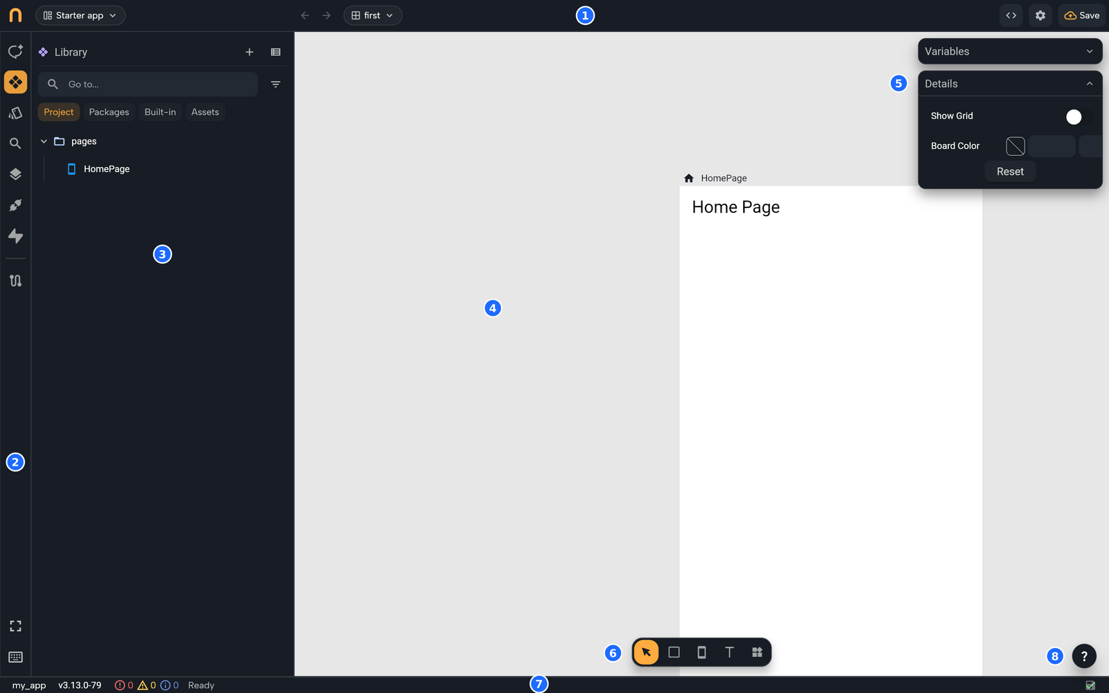 The whole Nowa editor 3.13 with numbered callouts: 1 top bar (Back and Forward arrows, Boards chip), 2 sidebar (Assistant, Library, Themes, Search, Outline, Api, Supabase, Router), 3 side panel (the Library here), 4 board, 5 Variables and Details, 6 board toolbar, 7 status bar (v3.13.0-79), 8 support button.