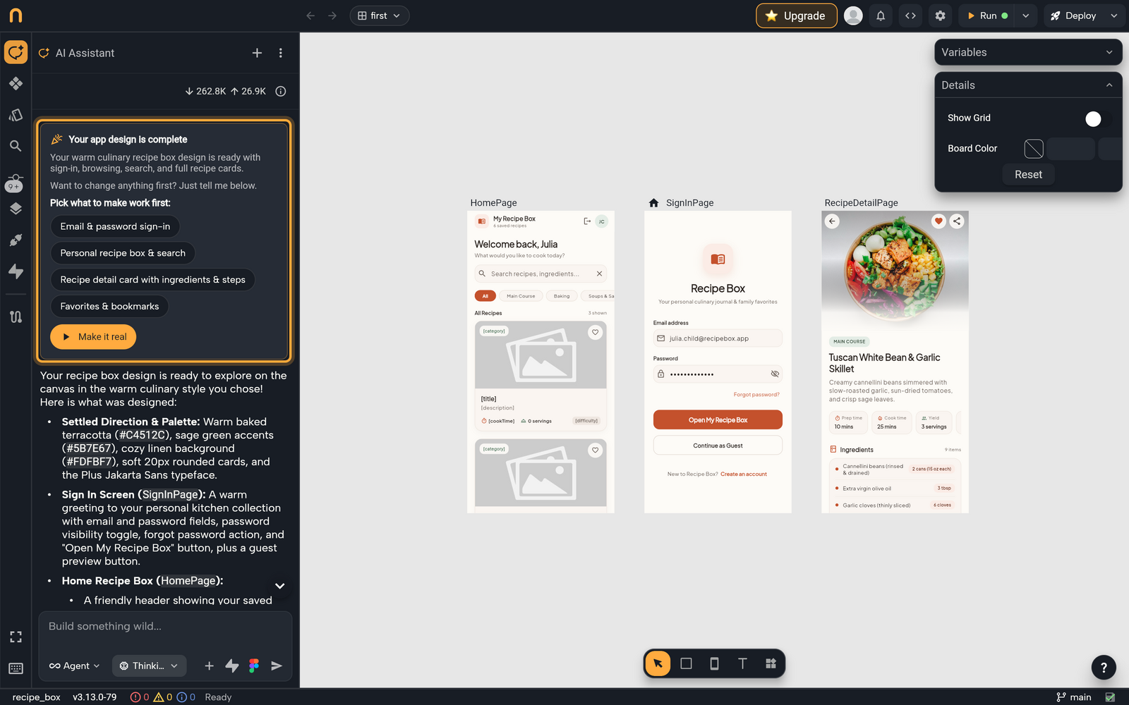 The editor after a finished Design-mode run of the recipe app: the board shows three screens (HomePage, SignInPage and RecipeDetailPage) side by side, and the AI Assistant panel shows the Your app design is complete card (highlighted) with the Pick what to make work first chips and the Make it real button.
