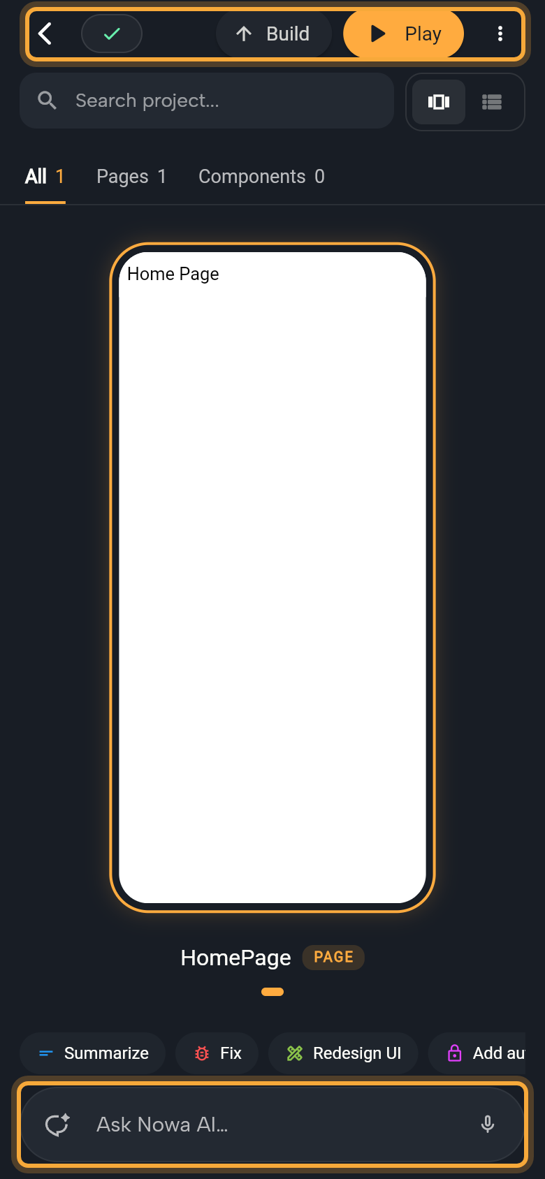 The phone layout of Nowa at 390 by 844 px. The top row (highlighted) has the back arrow, the green status pill, Build, Play and More. Below are the Search project box with the carousel and list toggle, the All, Pages and Components tabs, the HomePage card in the carousel, the suggestion chips, and the Ask Nowa AI chat pill with its microphone at the bottom (highlighted).