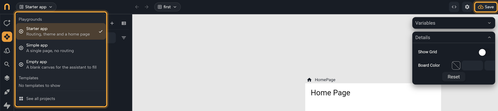 The top bar with the starting-point chip menu open (highlighted): Playgrounds with Starter app (checked), Simple app and Empty app, then Templates and See all projects. The greyed Back and Forward arrows and the Boards chip sit to the right of the menu, and the Save button at the top right is highlighted too.
