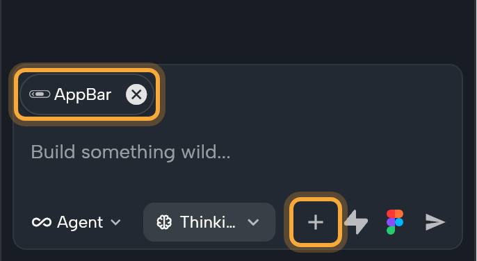 The bottom of the AI Assistant panel with the AppBar of the home screen selected on the board. The chat field shows the selection chip AppBar with its remove (x) button (highlighted) above the Build something wild hint, and below it the Agent mode chip, the Thinking level chip and the + (Add context) button (highlighted), then the Supabase, Figma and Send buttons.