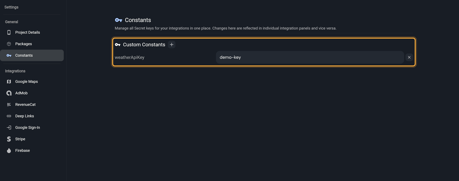 The Constants page in Settings, with the General (Project Details, Packages, Constants) and Integrations lists on the left, and the page description on the right. The Custom Constants section (highlighted) shows its plus button and one custom constant: the name weatherApiKey, the value demo-key and a remove (X) button.
