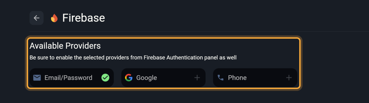 The Available Providers page opened from Add Provider: the note about enabling the selected providers in Firebase Authentication, then the Email/Password tile with a green check mark and the Google and Phone tiles with plus buttons. The note and the three tiles are highlighted.