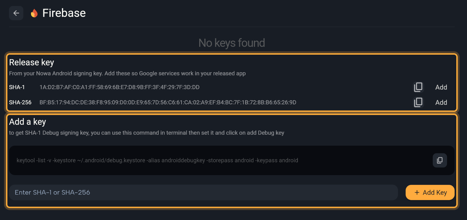 The SHA fingerprints page after clicking Setup: No keys found, the Release key section with SHA-1 and SHA-256 values and an Add button on each (highlighted), and the Add a key section with the keytool command, the Enter SHA-1 or SHA-256 field and Add Key (highlighted).