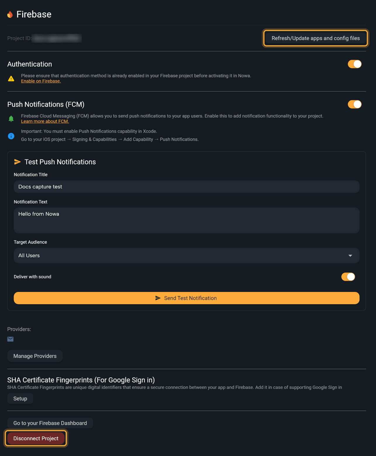 The whole connected Firebase page, top to bottom: Project ID with Refresh/Update apps and config files (highlighted), Authentication and Push Notifications (FCM) both on with the Xcode note and the Test Push Notifications box, the Providers row with Manage Providers, SHA Certificate Fingerprints with Setup, Go to your Firebase Dashboard, and Disconnect Project (highlighted).