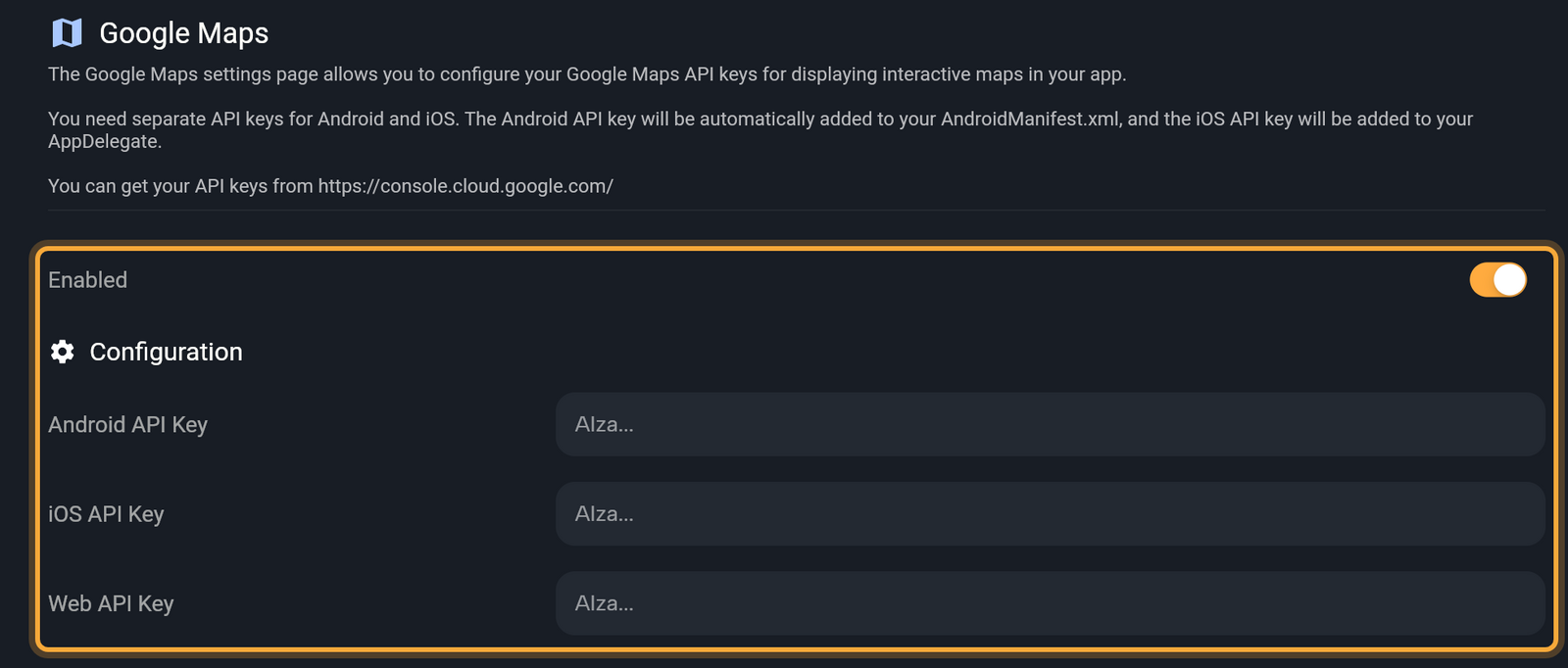 The Google Maps page in Settings with its description. The Enabled switch (on) and, under Configuration, the Android API Key, iOS API Key and Web API Key fields showing the AIza placeholder are highlighted.